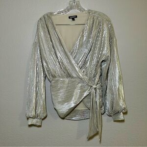 Express Silver Metallic Wrap Blouse